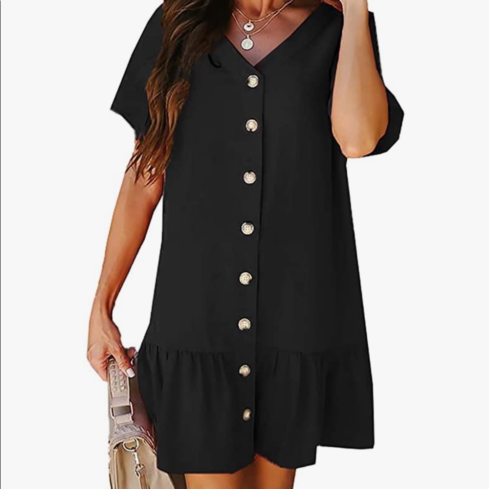 legant V Neck Short Sleeve Button Down Loose Fit Ruffle Mini Dresses Small Black